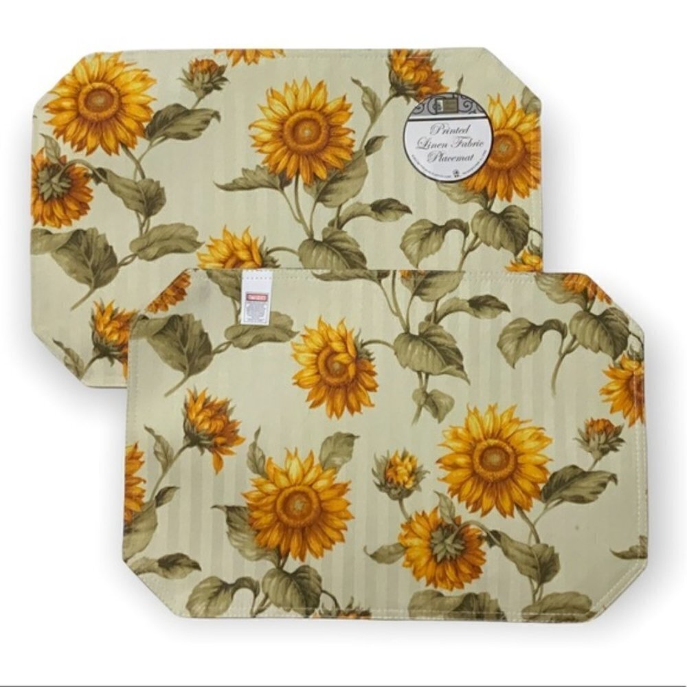 Sunflower Reversible Printed Linen Fabric Placemats Set of 4 Neutral Yellow